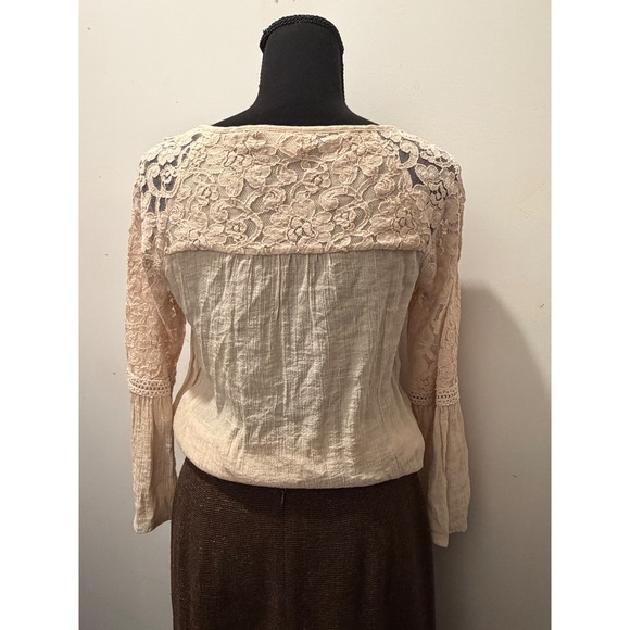 Westport Womens Cream Lace Boho Blouse Long Bell Sleeve Split Neck Top Small - Picture 3 of 10